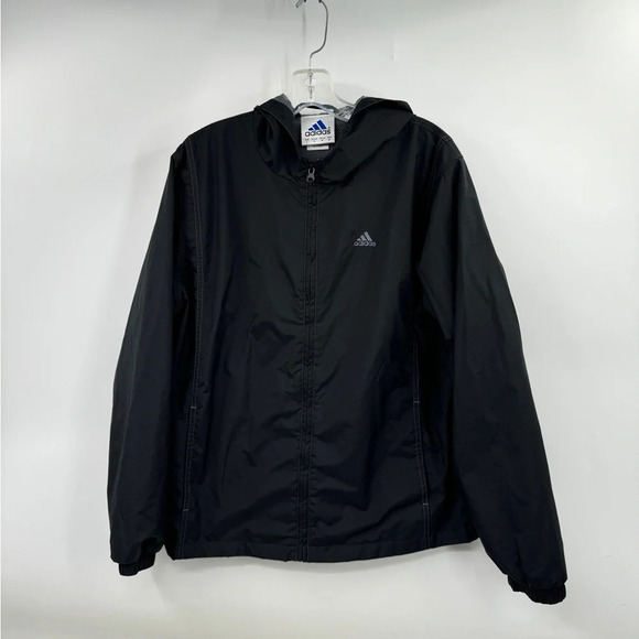 Vintage Adidas Black Windbreaker Jacket Full Zip Hooded Men Size L Back Logo - Picture 1 of 8